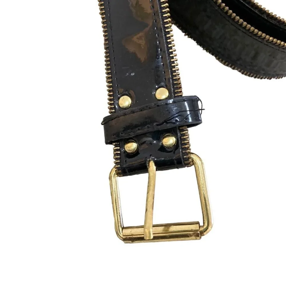 Vtg 90’s vegan black patent leather zipper edge belt gold tone buckle medium